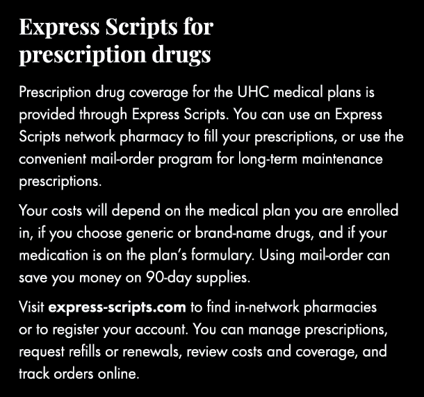 Express Scripts for prescription drugs Prescription drug coverage for the UHC medical plans is provided through Expre...